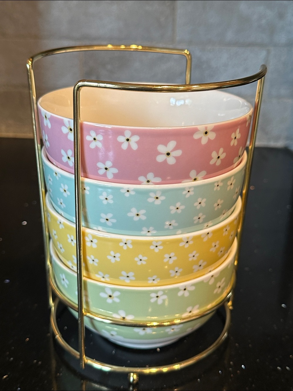 Set of 4 Coco + Lola Pink Blue Yellow Green Floral Ceramic Bowls with Gold Stand